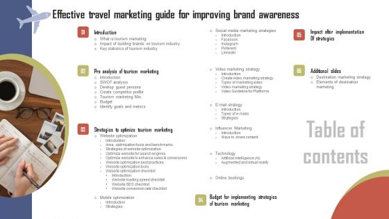 Table Of Contents Effective Travel Marketing Guide For Improving Brand Awareness Guidelines PDF