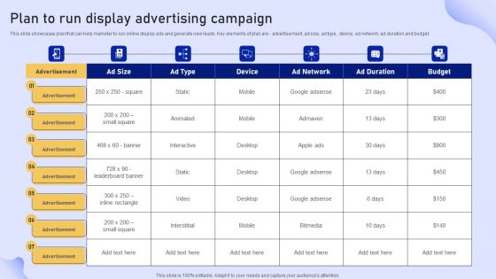 Online Marketing Strategy For Lead Generation Plan To Run Display Advertising Campaign Template PDF