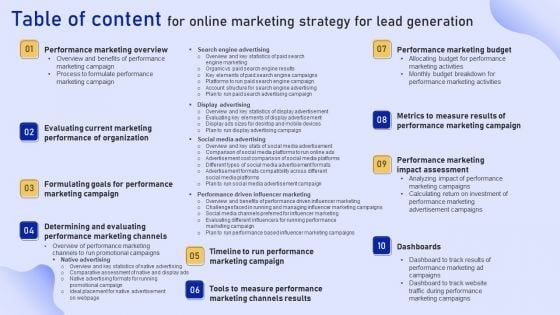 Table Of Content For Online Marketing Strategy For Lead Generation Sample PDF Table Of Content For Online Marketing Strategy For Lead Generation Sample PDF