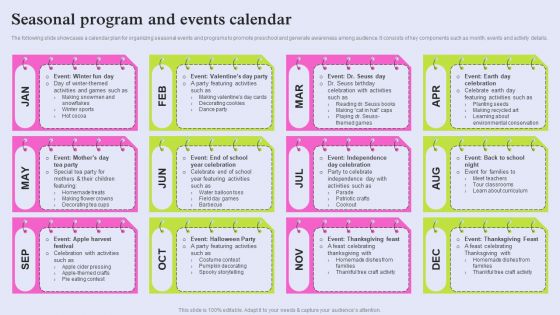 Pre School Marketing Strategy To Enhance Enrollment Rate Seasonal Program And Events Calendar Infographics PDF