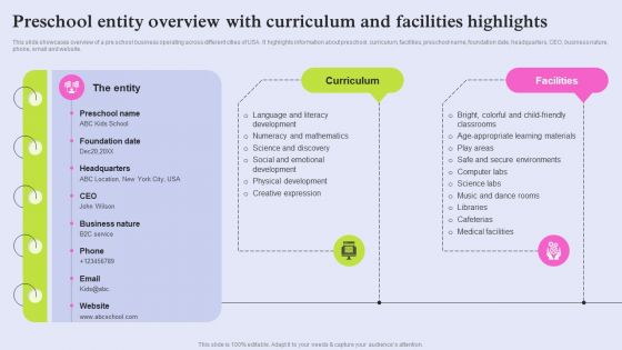 Preschool Entity Overview With Curriculum And Facilities Highlights Ideas PDF