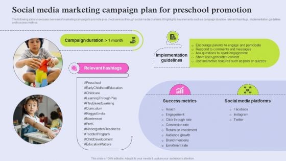 Social Media Marketing Campaign Plan For Preschool Promotion Professional PDF