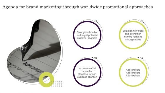 Agenda For Brand Marketing Through Worldwide Promotional Approaches Slides PDF