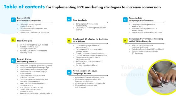 Table Of Contents For Implementing PPC Marketing Strategies To Increase Conversion Background PDF