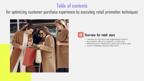 Optimizing Customer Purchase Experience By Executing Retail Promotion Techniques Table Of Contents Information PDF