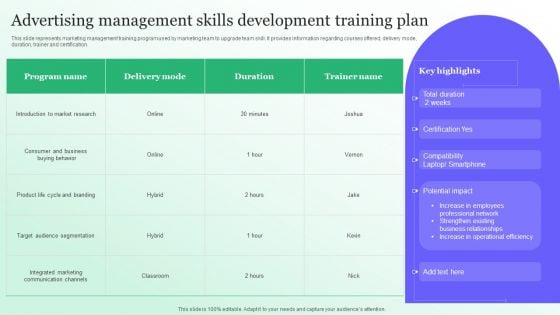 Advertising Management Skills Development Training Plan Brochure PDF