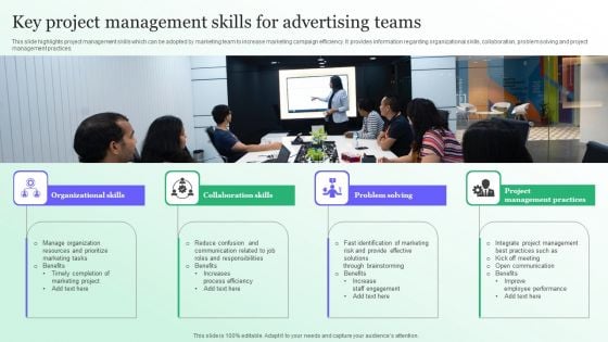 Key Project Management Skills For Advertising Teams Background PDF