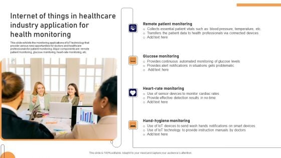 Internet Of Things In Healthcare Industry Application For Health Monitoring Pictures PDF