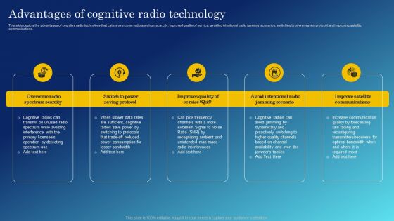 Cognitive Sensing Innovation Advantages Of Cognitive Radio Technology Brochure PDF