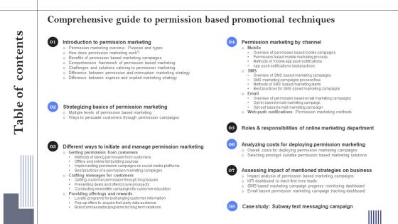 Comprehensive Guide To Permission Based Promotional Techniques Table Of Contents Icons PDF