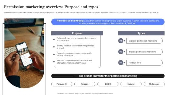 Permission Marketing Overview Purpose And Types Ppt PowerPoint Presentation File Infographic Template PDF