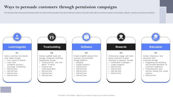 Ways To Persuade Customers Through Permission Campaigns Ppt PowerPoint Presentation File Gallery PDF Ways To Persuade Customers Through Permission Campaigns Ppt PowerPoint Presentation File Gallery PDF