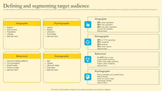 Comprehensive Guide For Sales And Advertising Processes Defining And Segmenting Target Audience Background PDF