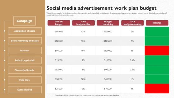 Social Media Advertisement Work Plan Budget Infographics PDF