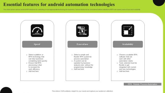 Essential Features For Android Automation Technologies Icons PDF