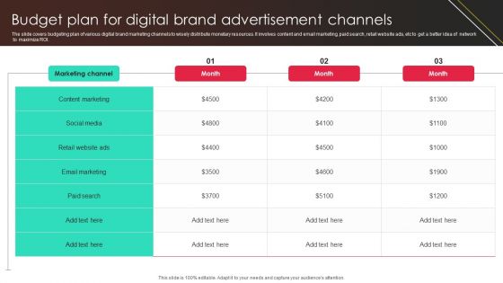 Budget Plan For Digital Brand Advertisement Channels Introduction PDF