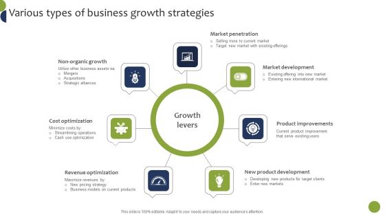 Various Types Of Business Growth Strategies Business Growth And Brand Development Plan Topics PDF