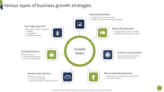 Various Types Of Business Growth Strategies Business Growth And Brand Development Plan Topics PDF