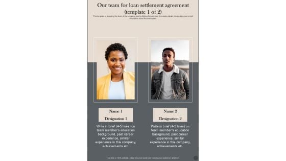 Our Team For Loan Settlement Agreement One Pager Sample Example Document Our Team For Loan Settlement Agreement One Pager Sample Example Document