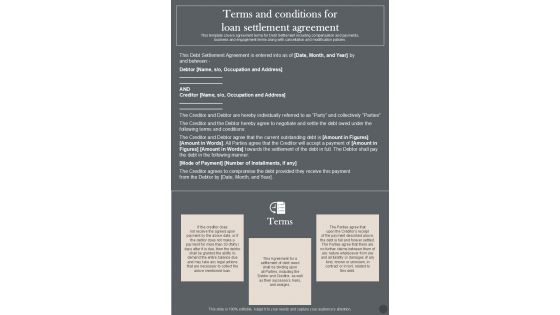 Terms And Conditions For Loan Settlement Agreement One Pager Sample Example Document Terms And Conditions For Loan Settlement Agreement One Pager Sample Example Document