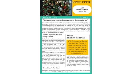 One Pager December Month Newsletter For Accounting Firm PDF Document PPT Template