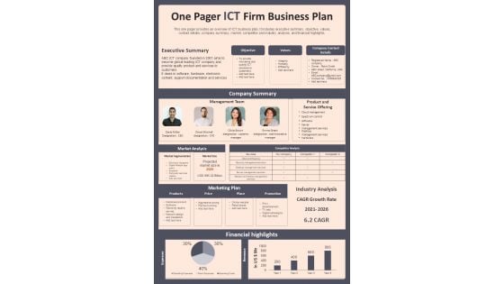 One Page ICT Enterprise Business Plan PDF Document PPT Template