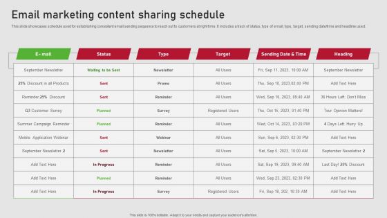 Creating Content Marketing Technique For Brand Promotions Email Marketing Content Sharing Schedule Topics PDF
