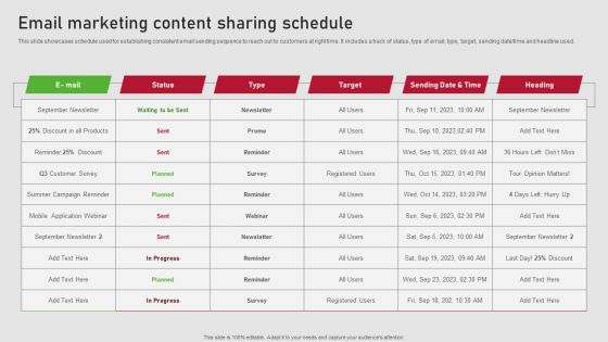 Creating Content Marketing Technique For Brand Promotions Email Marketing Content Sharing Schedule Topics PDF Creating Content Marketing Technique For Brand Promotions Email Marketing Content Sharing Schedule Topics PDF