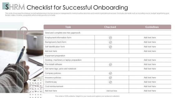 SHRM Checklist For Successful Onboarding Ppt PowerPoint Presentation Layouts Background Designs PDF