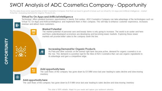 SWOT Analysis Of ADC Cosmetics Company Opportunity Ppt Ideas Elements PDF SWOT Analysis Of ADC Cosmetics Company Opportunity Ppt Ideas Elements PDF