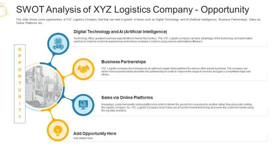 SWOT Analysis Of XYZ Logistics Company Opportunity Ppt Icon Layout Ideas PDF