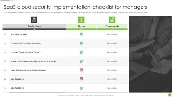 Saas Cloud Security Implementation Checklist For Managers Ppt PowerPoint Presentation File Professional PDF