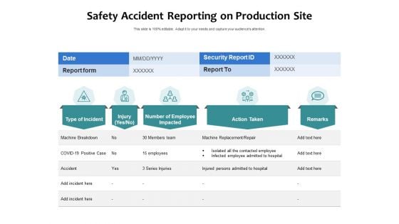 Safety Accident Reporting On Production Site Ppt PowerPoint Presentation Infographic Template Designs PDF