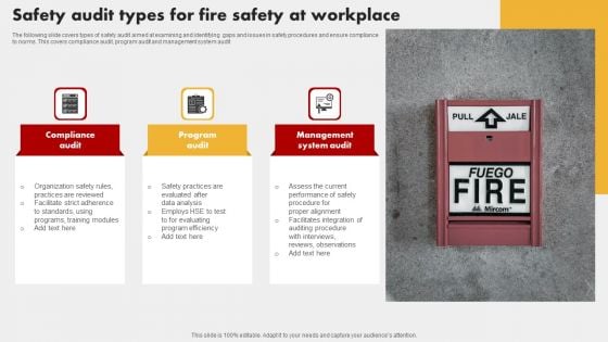 Safety Audit Types For Fire Safety At Workplace Infographics PDF