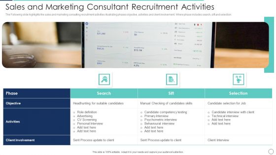 Sales And Marketing Consultant Recruitment Activities Diagrams PDF