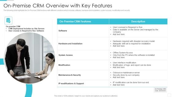 Sales CRM Cloud Solutions Deployment On Premise CRM Overview With Key Features Template PDF