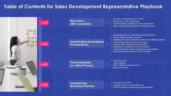 Sales Development Representative Playbook Table Of Contents For Sales Development Representative Playbook Mockup PDF