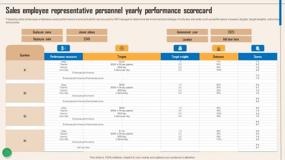 Sales Employee Representative Personnel Yearly Performance Scorecard Designs PDF