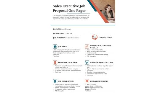 Sales Executive Job Proposal One Pager PDF Document PPT Template
