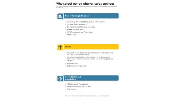 Sales For Commercial Aviation Service Company Why Select Our Air Charter Sales One Pager Sample Example Document