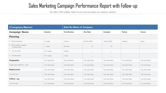 Sales Marketing Campaign Performance Report With Follow Up Ppt Professional Layout Ideas PDF Sales Marketing Campaign Performance Report With Follow Up Ppt Professional Layout Ideas PDF