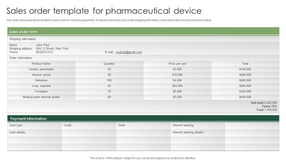 Sales Order Template For Pharmaceutical Device Brochure PDF