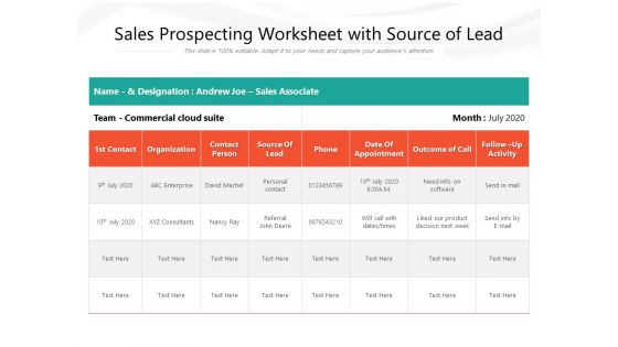 Sales Prospecting Worksheet With Source Of Lead Ppt PowerPoint Presentation Slides Inspiration PDF Sales Prospecting Worksheet With Source Of Lead Ppt PowerPoint Presentation Slides Inspiration PDF