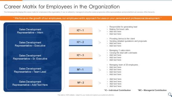 Sales Representative Onboarding Playbook Career Matrix For Employees In The Organization Download PDF