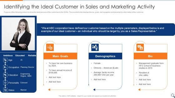 Sales Representative Onboarding Playbook Identifying The Ideal Customer In Sales And Marketing Activity Topics PDF