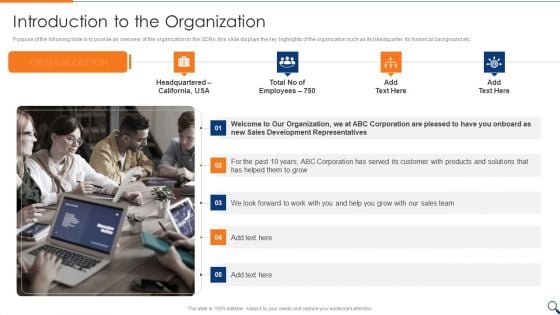 Sales Representative Onboarding Playbook Introduction To The Organization Slides PDF