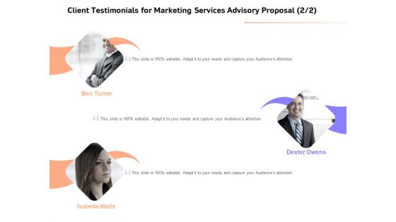 Sales Strategy Consulting Client Testimonials For Marketing Services Advisory Proposal Audience Infographics PDF