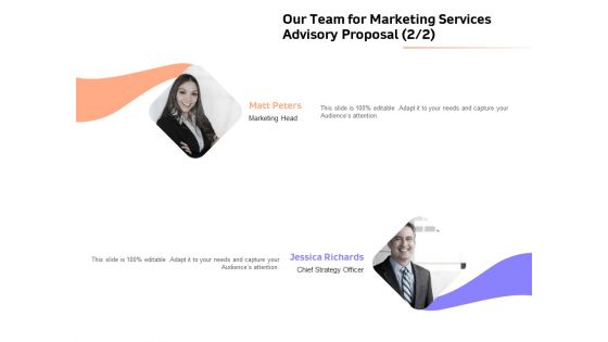 Sales Strategy Consulting Our Team For Marketing Services Advisory Proposal Strategy Icons PDF