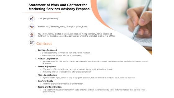 Sales Strategy Consulting Statement Of Work And Contract For Marketing Services Advisory Proposal Structure PDF