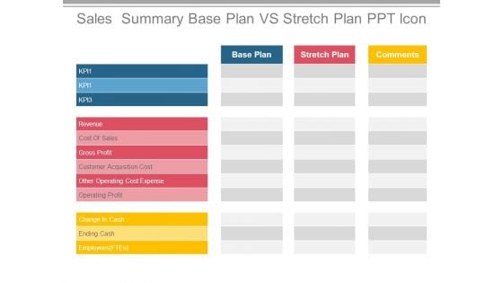 Sales Summary Base Plan Vs Stretch Plan Ppt Icon